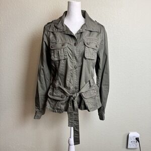 Charlotte Russe Women's Jacket Olive Button‎ and Tie Size M Top Pockets Roll Tab
